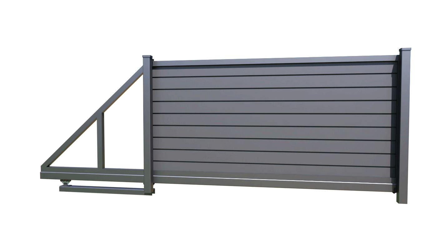 Відкатні (1) Modern sliding metal fence with horizontal slats and triangular brace