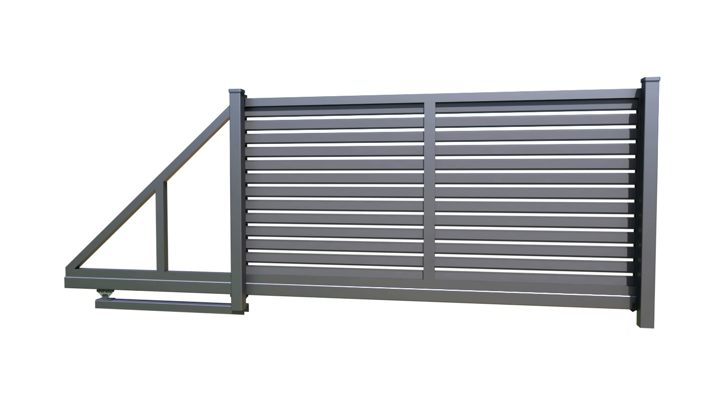 Відкатні-Ранчо (1) Modern metal sliding fence with horizontal slats and triangular support