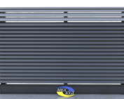 Fence Blinds Standard 1 Modern metal fence with horizontal dark gray slats and a lighter gray top bar against a neutral background.